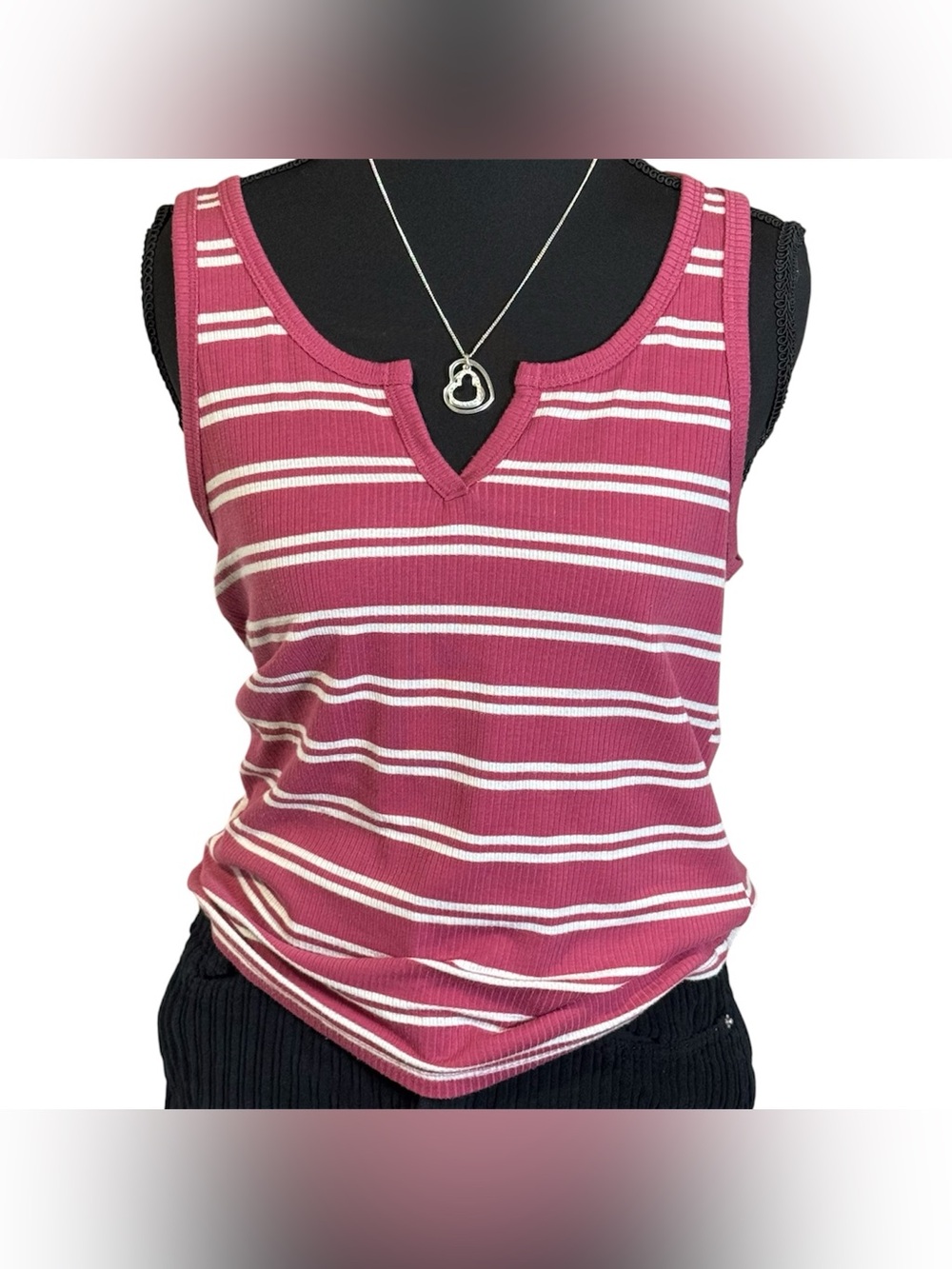 Large Hippie Rose white & pink striped tank top